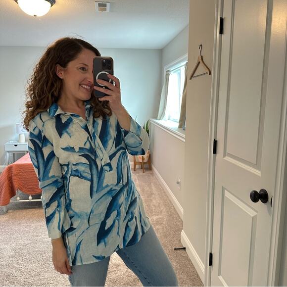 Chico’s Blue White Linen Printed Tunic Top Small - Picture 3 of 11